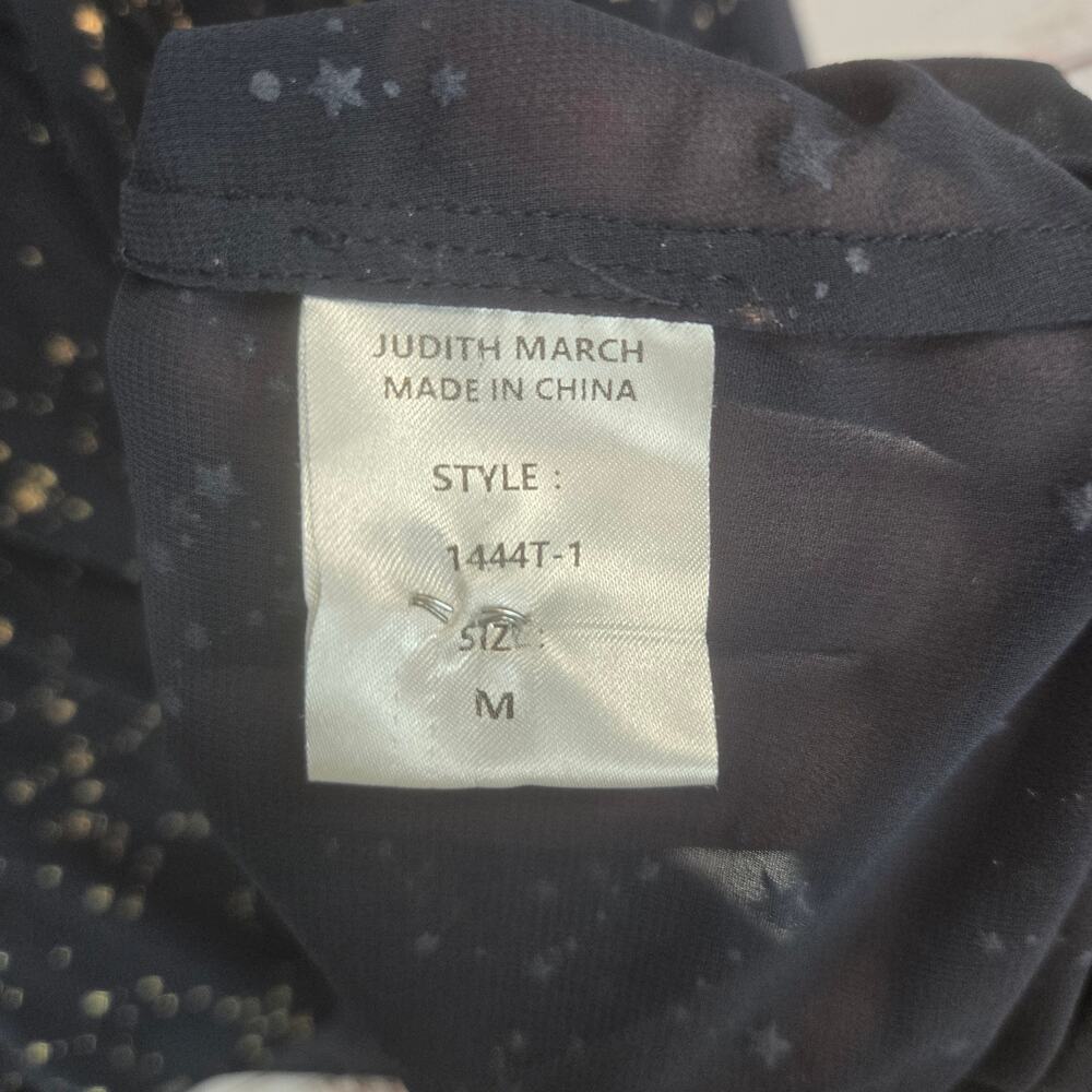 Judith March Navy Blue Gold Star Blouse M Tie Sash Puff Sleeve Flare French Cuff - Picture 7 of 12